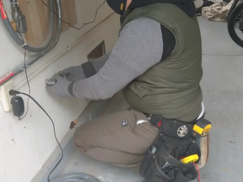 Electrician performing outlet wiring in a Coventry garage